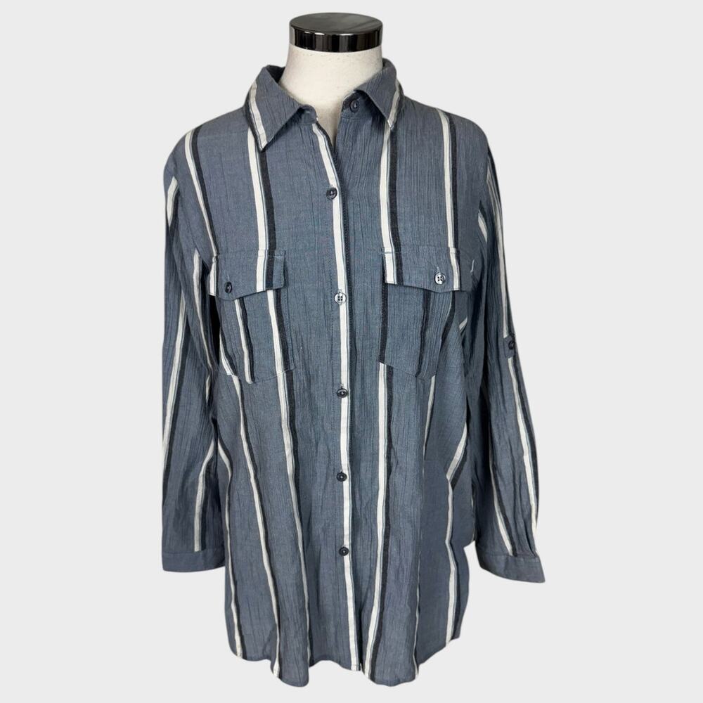 d & co denim & company Womens Medium Blue White Stripe Button Front Shirt